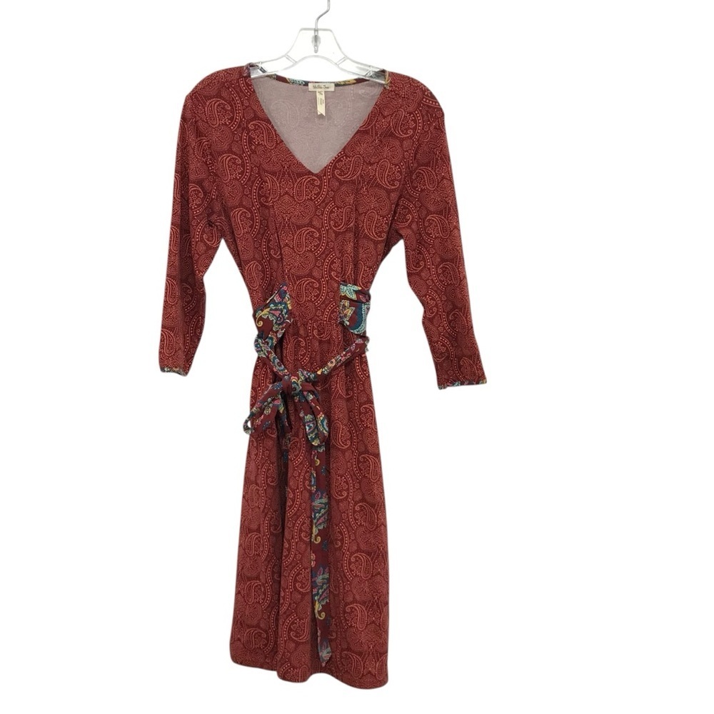 Matilda Jane Burgundy Paisley 3/4 Sleeve Dress Medium V Neck Tie Waist